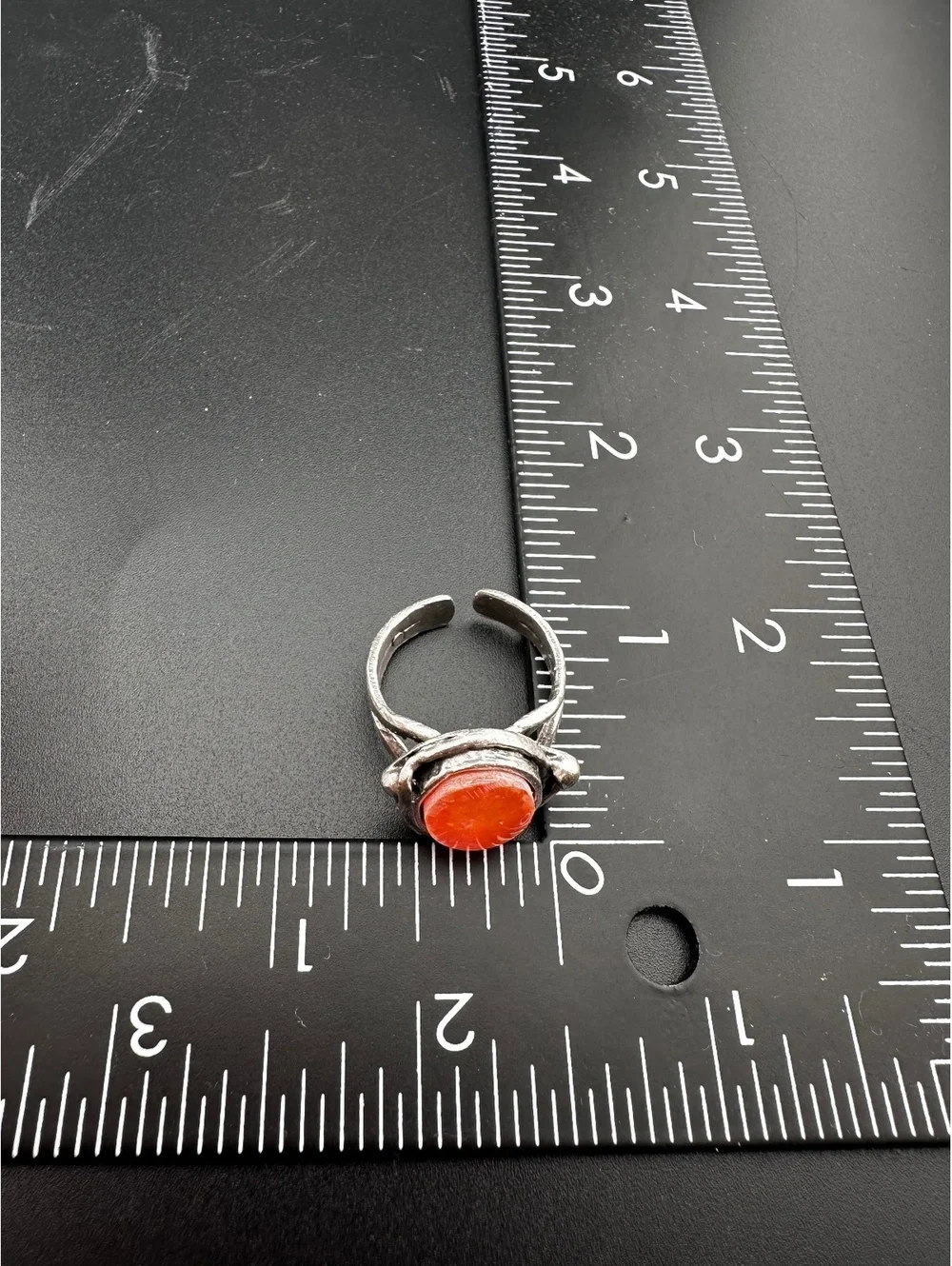 Adjustable Silver Tone Ring with Orange Marbled Stone